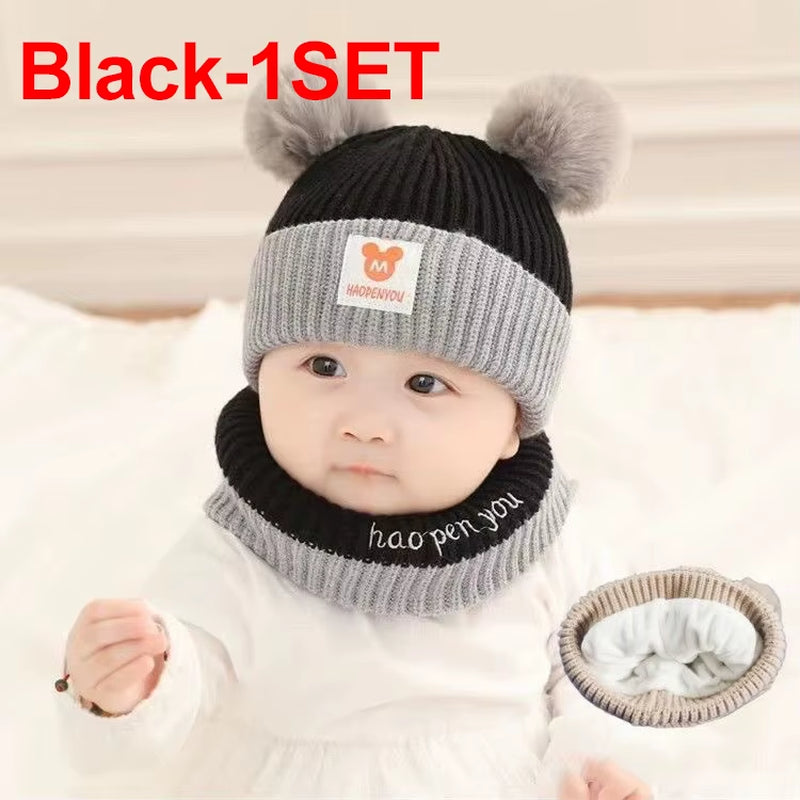 Cute Winter Warm Kids Girl Boys Baby Hats Fleece Wool Hemming Caps with Ball Solid Wool Ear Protection Hats Soft Newborn Bonnet