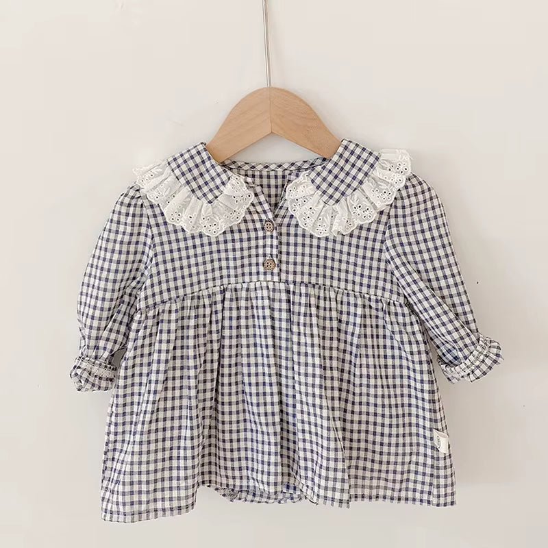 Girls Clothes Peter Pan Collar Long Sleeve Plaid Baby Bodysuit