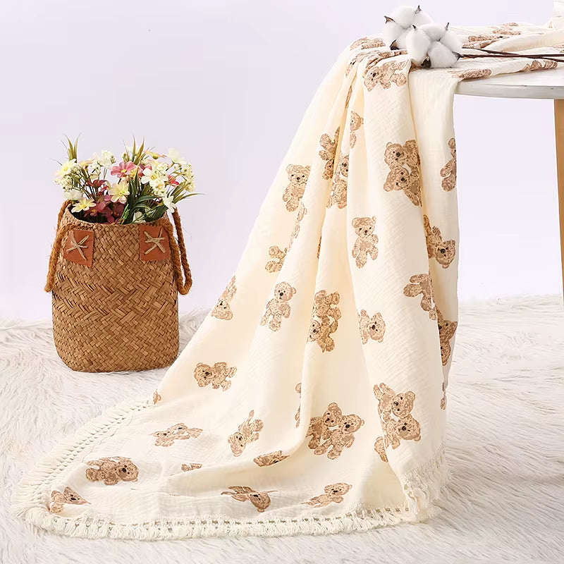 Cute Bear Muslin Squares Cotton Baby Blanket for Newborn Plaid Infant Swaddle Blanket Babies Accessories Bed Summer Comforter