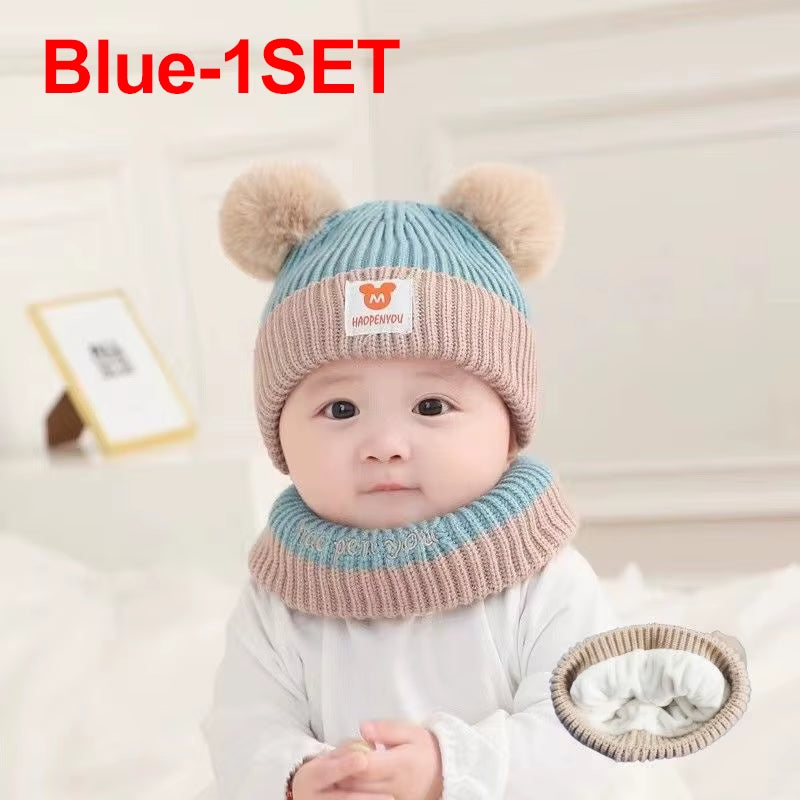 Cute Winter Warm Kids Girl Boys Baby Hats Fleece Wool Hemming Caps with Ball Solid Wool Ear Protection Hats Soft Newborn Bonnet