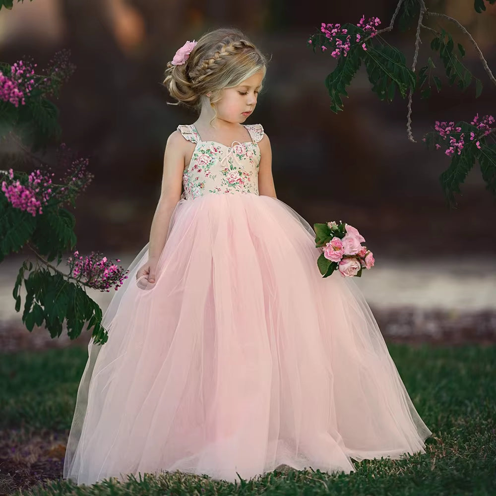 1-7Y Children Girls Tulle Tutu Dress 2025 Summer Baby Clothes Girls Birthday Wedding Party Princess Maxi Dresses Kids Outfits