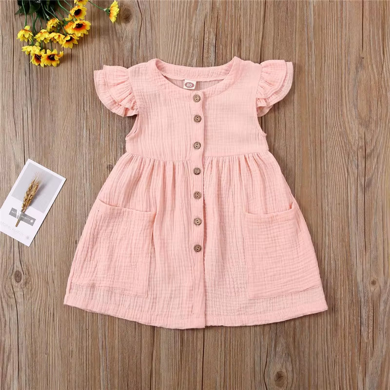 Toddler Kid Baby Girl Summer Dress Ruffles Sleeves Cotton Linen Party Children Girls Casual Button Pocket Dress Sundress Clothes