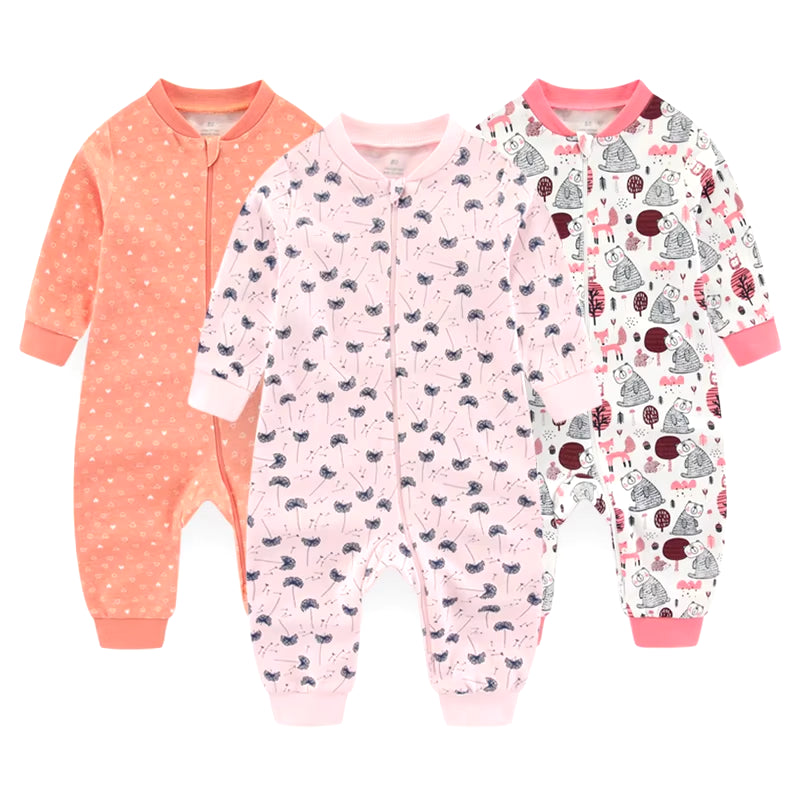 Newborn Baby 2-Way Zipper Romper Cotton One-Piece Jumsuit 0-24 Months Long Sleeve Newborn Baby Pajamas Comfortable Breathable