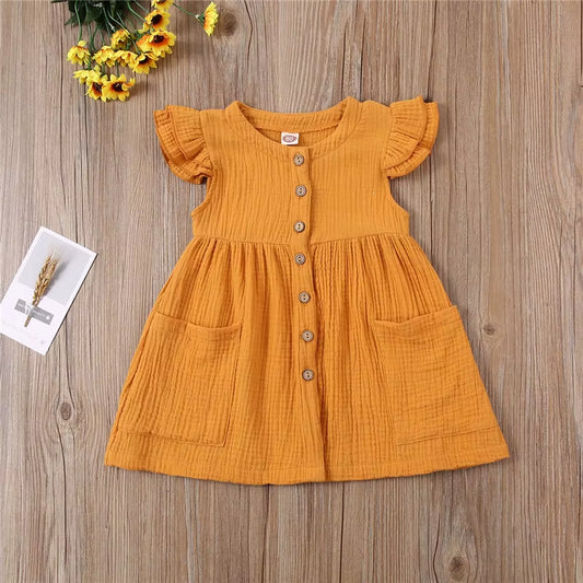 Toddler Kid Baby Girl Summer Dress Ruffles Sleeves Cotton Linen Party Children Girls Casual Button Pocket Dress Sundress Clothes