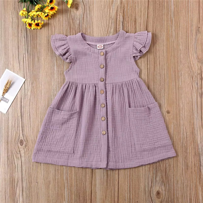 Toddler Kid Baby Girl Summer Dress Ruffles Sleeves Cotton Linen Party Children Girls Casual Button Pocket Dress Sundress Clothes