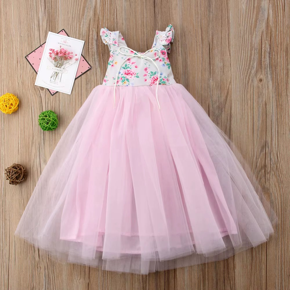 1-7Y Children Girls Tulle Tutu Dress 2025 Summer Baby Clothes Girls Birthday Wedding Party Princess Maxi Dresses Kids Outfits