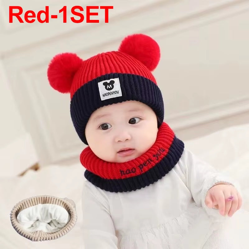 Cute Winter Warm Kids Girl Boys Baby Hats Fleece Wool Hemming Caps with Ball Solid Wool Ear Protection Hats Soft Newborn Bonnet