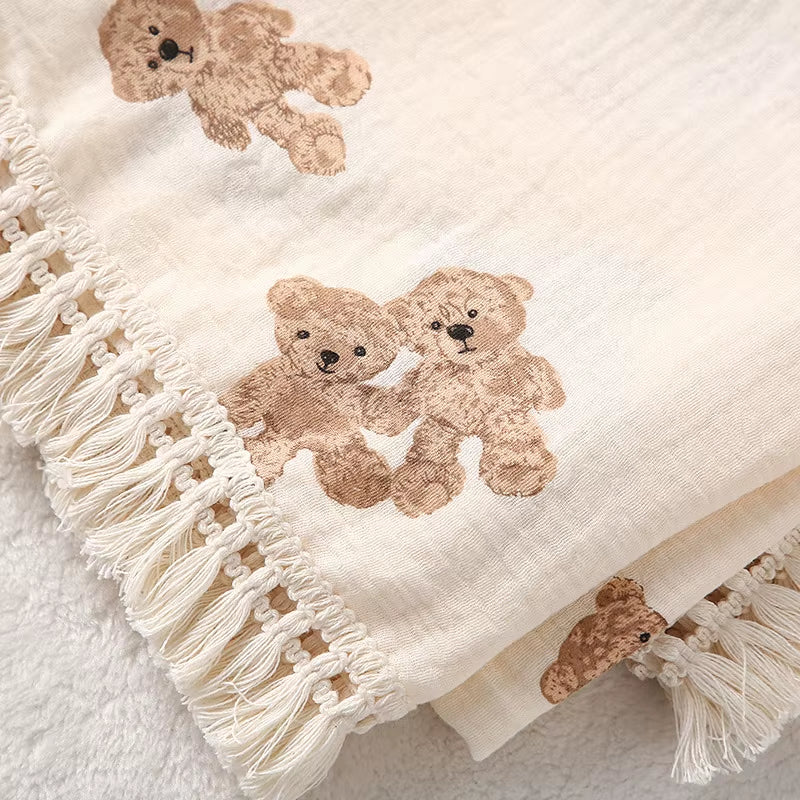 Cute Bear Muslin Squares Cotton Baby Blanket for Newborn Plaid Infant Swaddle Blanket Babies Accessories Bed Summer Comforter