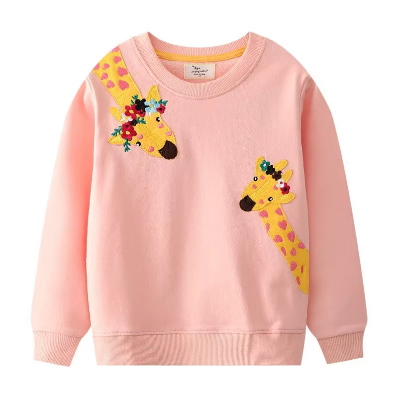 New Arrival Giraffe Applique Autumn Winter Children'S Girls Sweatshirts Cotton Baby Clothes Toddler Kids Hooded