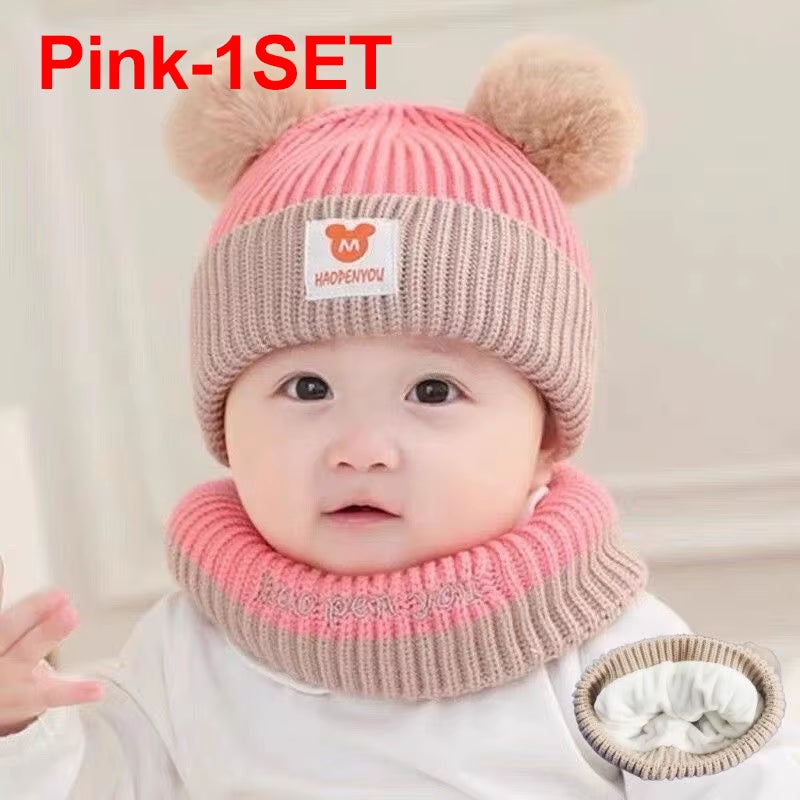 Cute Winter Warm Kids Girl Boys Baby Hats Fleece Wool Hemming Caps with Ball Solid Wool Ear Protection Hats Soft Newborn Bonnet