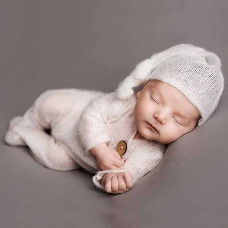 2 Pcs Mohair Baby Romper Hat Set Newborn Photography Props Knitted Wool Bodysuit Long Tail Cap Kit Infants Photo Shooting Clothe