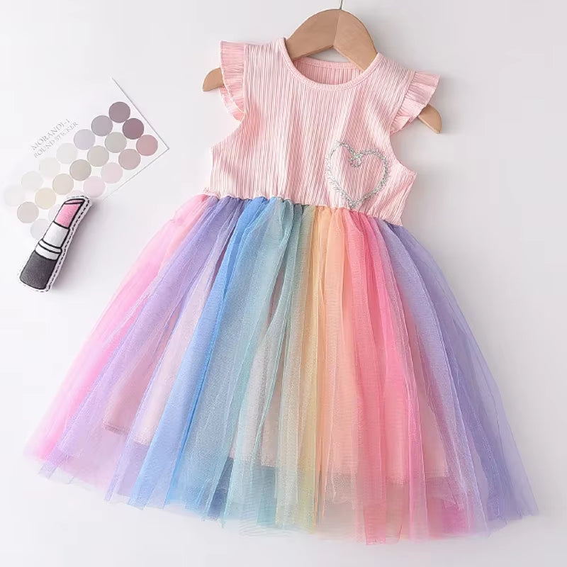 Girls Colorful Dress New Summer Party Dresses Kids Rainbow Mesh Costumes Cute Vestidos Outfits Children Clothing