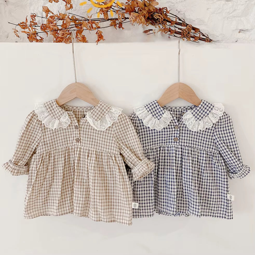 Girls Clothes Peter Pan Collar Long Sleeve Plaid Baby Bodysuit