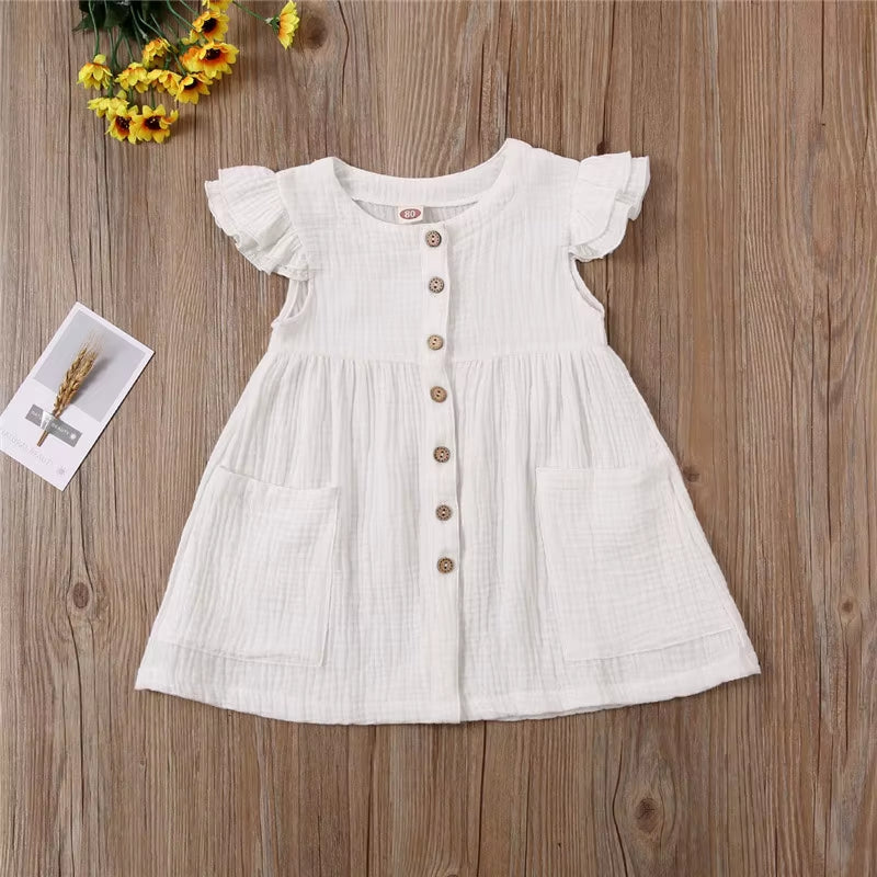 Toddler Kid Baby Girl Summer Dress Ruffles Sleeves Cotton Linen Party Children Girls Casual Button Pocket Dress Sundress Clothes