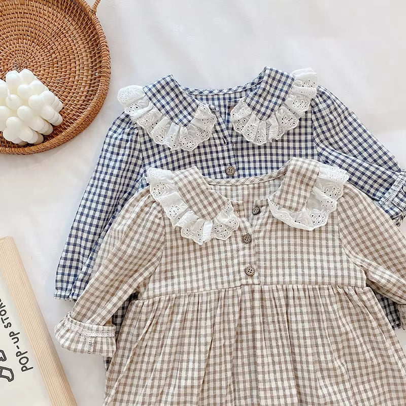 Girls Clothes Peter Pan Collar Long Sleeve Plaid Baby Bodysuit