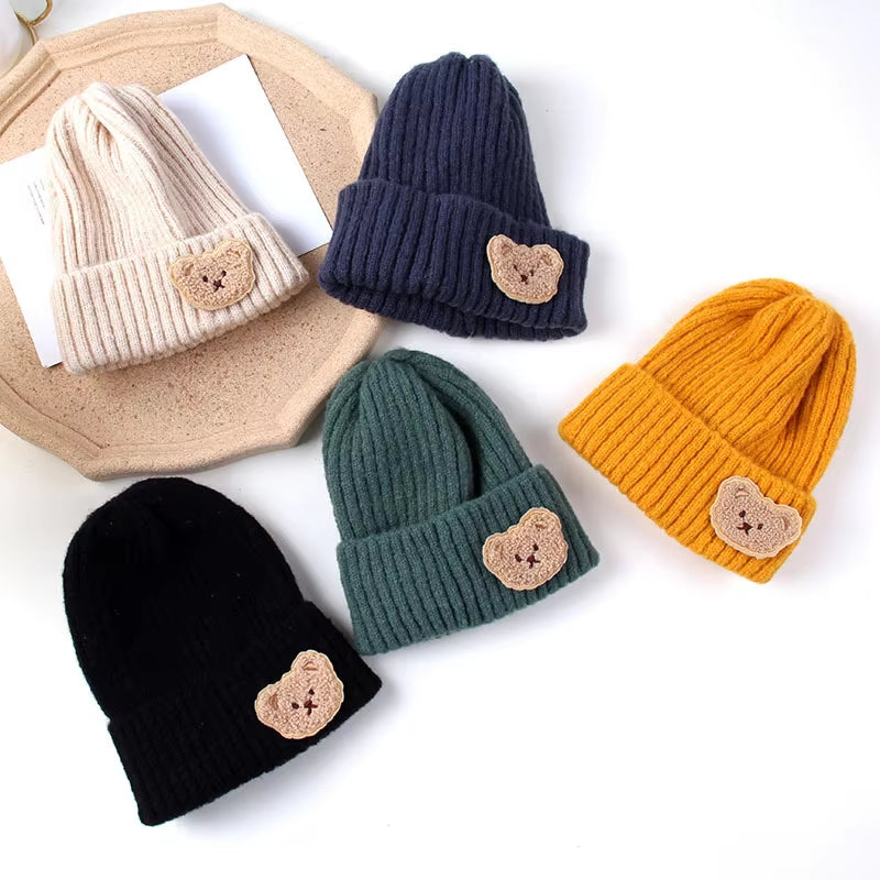 Korean Cute Bear Baby Hats for Kids Soft Knitted Cap Warm Beanie Autumn Winter Solid Color Children Toddler Crochet Hat