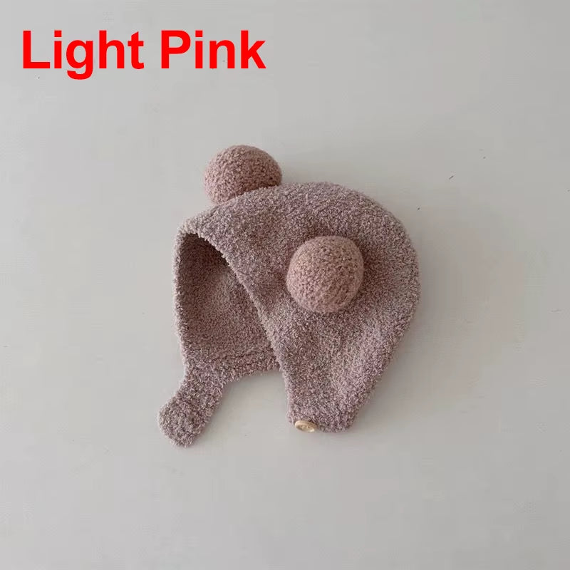 Cute Winter Warm Kids Girl Boys Baby Hats Fleece Wool Hemming Caps with Ball Solid Wool Ear Protection Hats Soft Newborn Bonnet