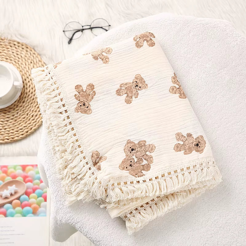 Cute Bear Muslin Squares Cotton Baby Blanket for Newborn Plaid Infant Swaddle Blanket Babies Accessories Bed Summer Comforter