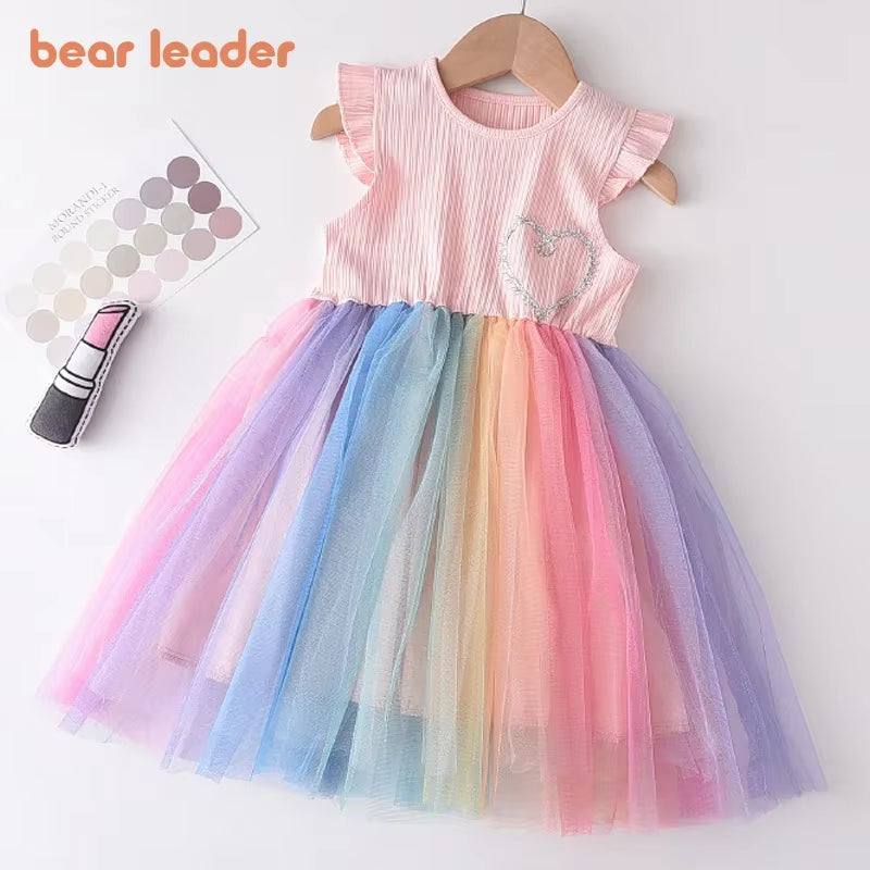 Girls Colorful Dress New Summer Party Dresses Kids Rainbow Mesh Costumes Cute Vestidos Outfits Children Clothing