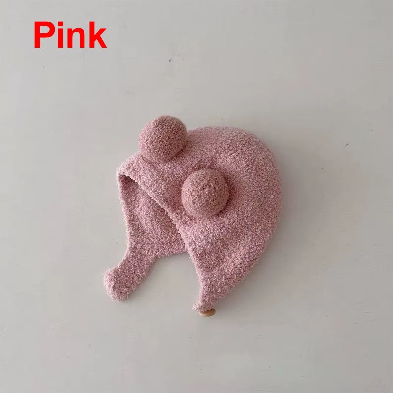 Cute Winter Warm Kids Girl Boys Baby Hats Fleece Wool Hemming Caps with Ball Solid Wool Ear Protection Hats Soft Newborn Bonnet