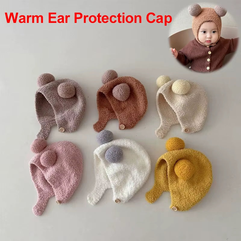 Cute Winter Warm Kids Girl Boys Baby Hats Fleece Wool Hemming Caps with Ball Solid Wool Ear Protection Hats Soft Newborn Bonnet