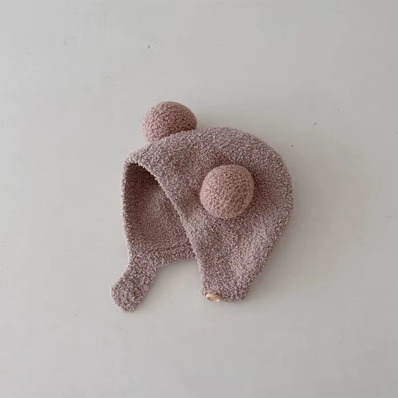 Cute Winter Warm Kids Girl Boys Baby Hats Fleece Wool Hemming Caps with Ball Solid Wool Ear Protection Hats Soft Newborn Bonnet