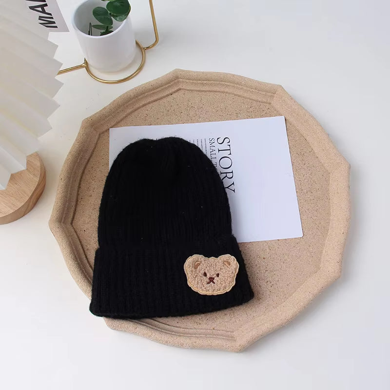 Korean Cute Bear Baby Hats for Kids Soft Knitted Cap Warm Beanie Autumn Winter Solid Color Children Toddler Crochet Hat