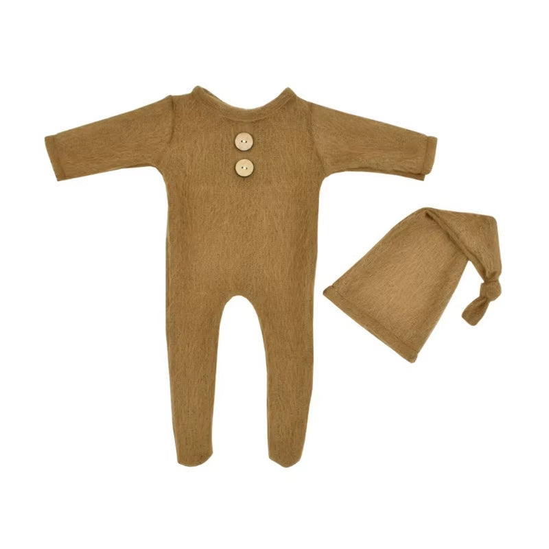 2 Pcs Mohair Baby Romper Hat Set Newborn Photography Props Knitted Wool Bodysuit Long Tail Cap Kit Infants Photo Shooting Clothe