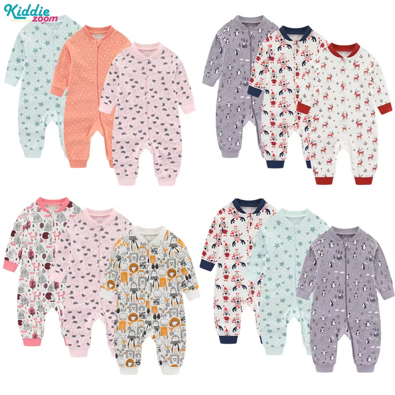 Newborn Baby 2-Way Zipper Romper Cotton One-Piece Jumsuit 0-24 Months Long Sleeve Newborn Baby Pajamas Comfortable Breathable