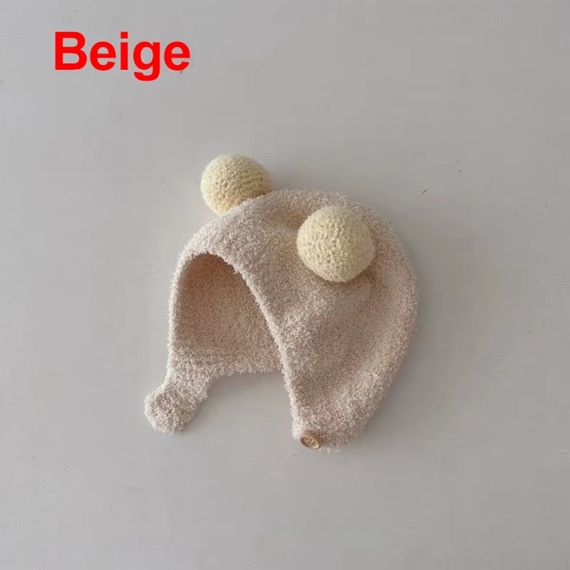 Cute Winter Warm Kids Girl Boys Baby Hats Fleece Wool Hemming Caps with Ball Solid Wool Ear Protection Hats Soft Newborn Bonnet