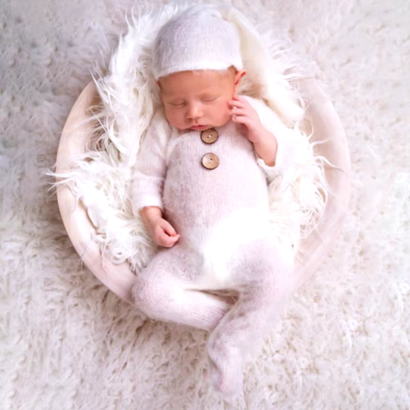 2 Pcs Mohair Baby Romper Hat Set Newborn Photography Props Knitted Wool Bodysuit Long Tail Cap Kit Infants Photo Shooting Clothe