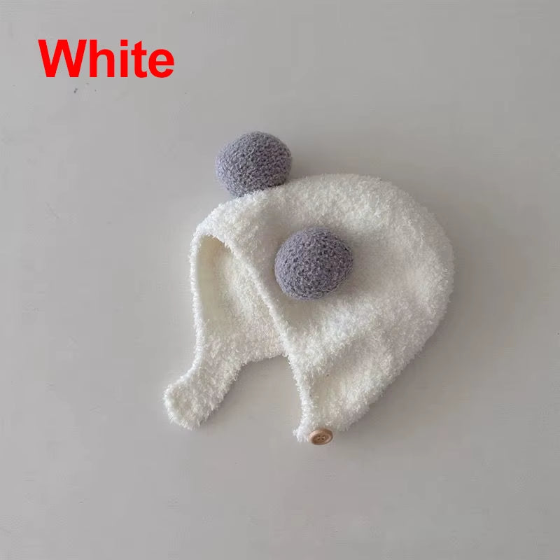 Cute Winter Warm Kids Girl Boys Baby Hats Fleece Wool Hemming Caps with Ball Solid Wool Ear Protection Hats Soft Newborn Bonnet