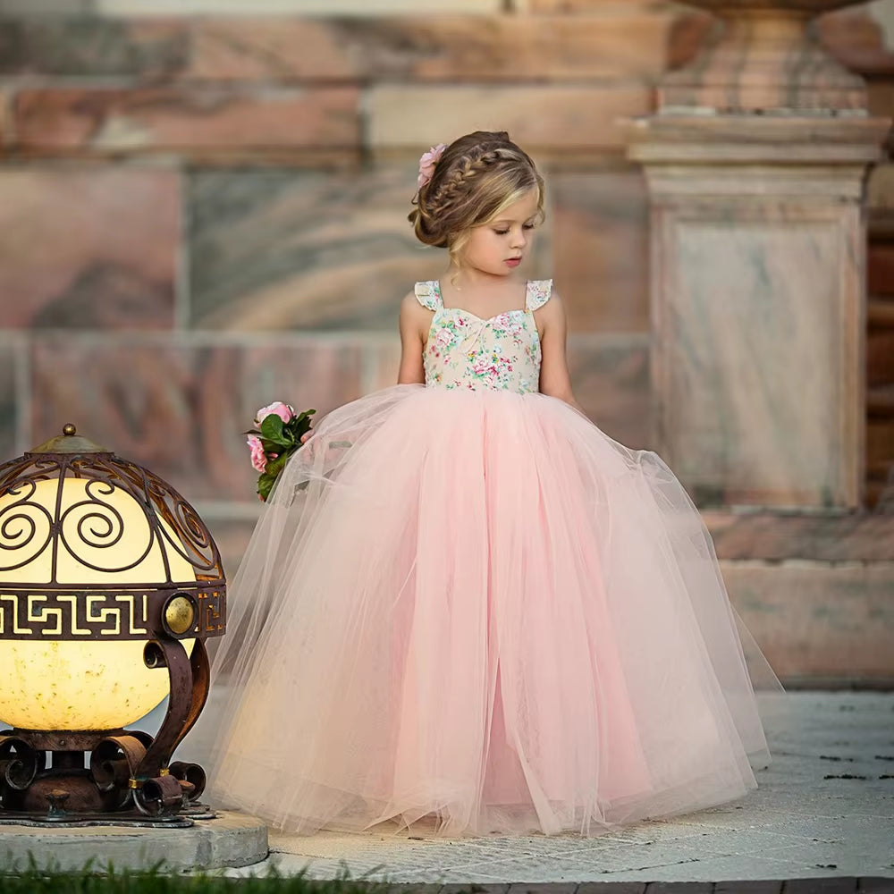 1-7Y Children Girls Tulle Tutu Dress 2025 Summer Baby Clothes Girls Birthday Wedding Party Princess Maxi Dresses Kids Outfits