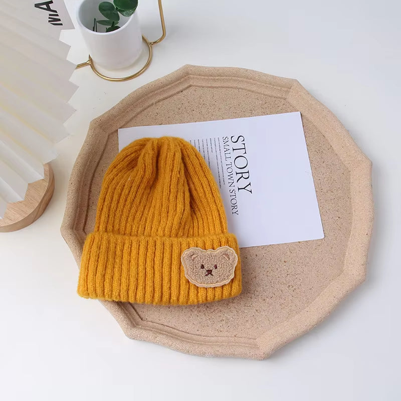 Korean Cute Bear Baby Hats for Kids Soft Knitted Cap Warm Beanie Autumn Winter Solid Color Children Toddler Crochet Hat