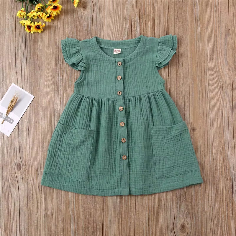 Toddler Kid Baby Girl Summer Dress Ruffles Sleeves Cotton Linen Party Children Girls Casual Button Pocket Dress Sundress Clothes